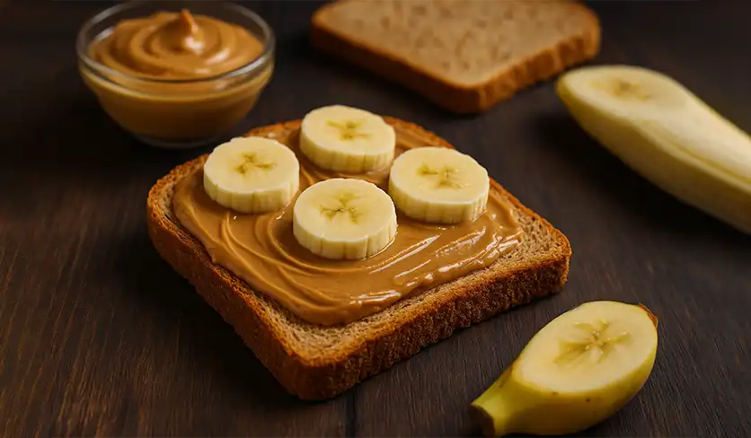نان تست سبوس‌دار با کره بادام زمینی و برش موز