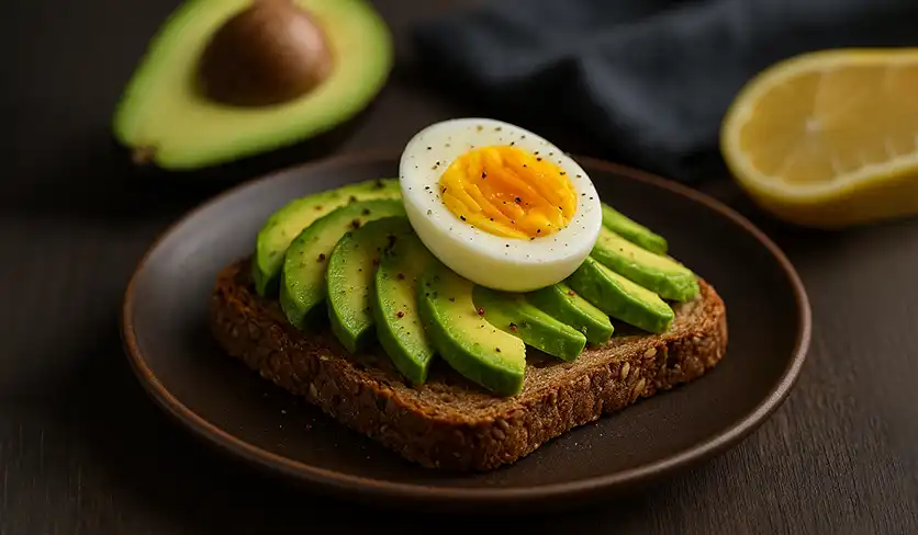 نان سبوس‌دار با آووکادو و تخم مرغ آب‌پز